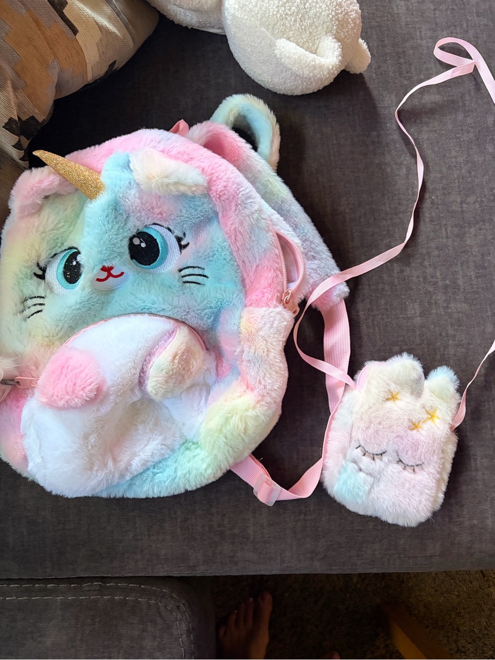 Pastel Rainbow Plush Unicorn Backpack with Matching Coin Purse